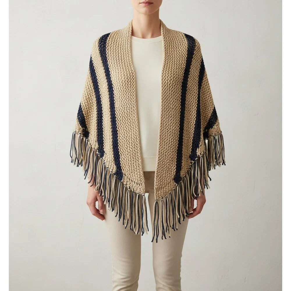 NEW Blue Beige Hand Knitted Shawl Wrap Scarf Boho Hippie‎ Coastal Indie Artsy